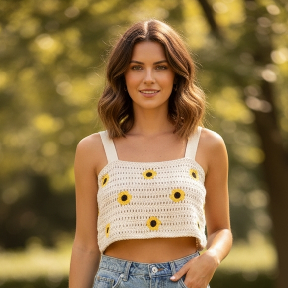ZARA Crochet Daisy Sunflower Cropped Tube Tank Women's Size Small - Picture 1 of 7
